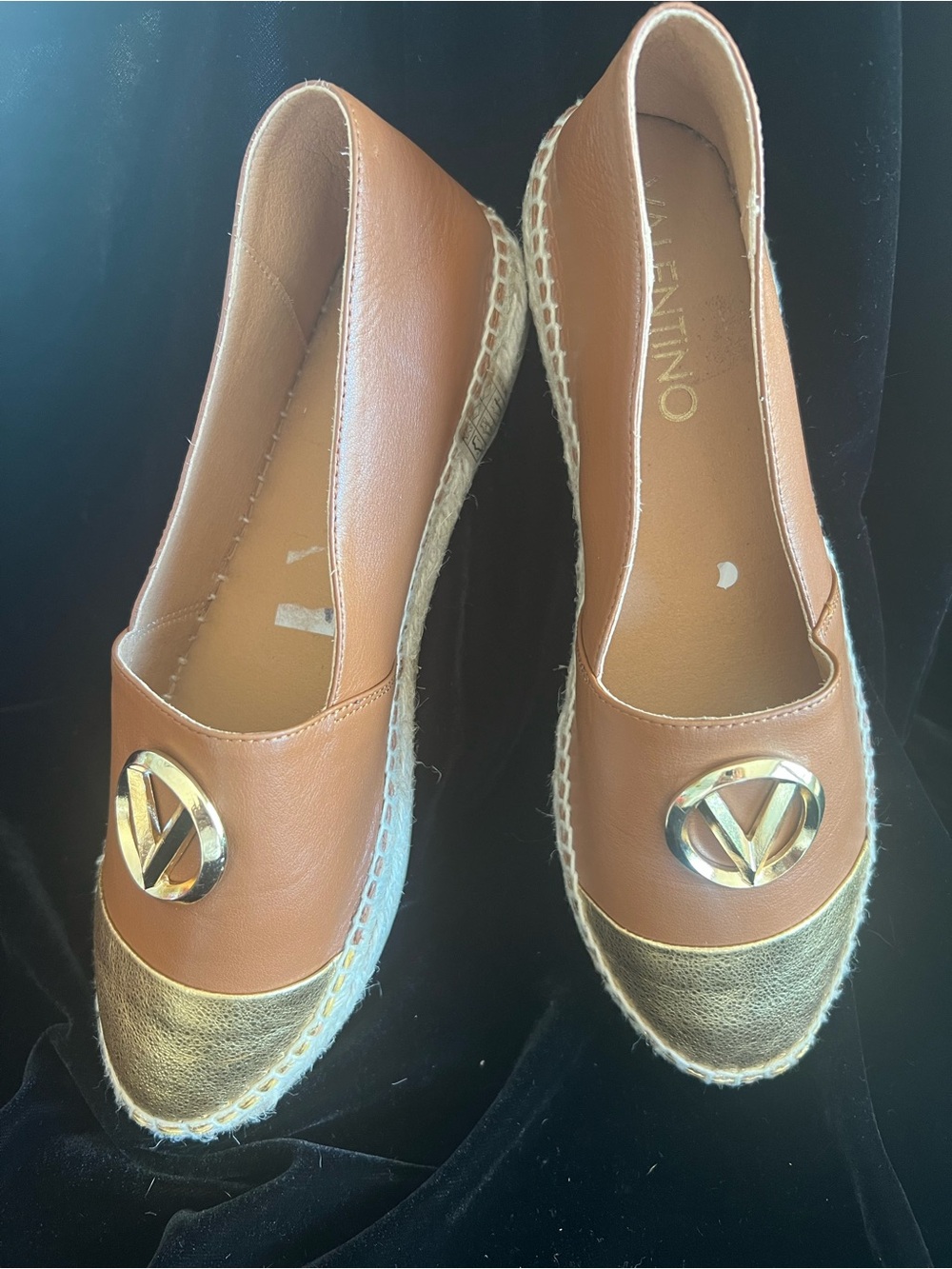 Valentino Brown Leather Espadrille Flats with Gold Toe and Logo